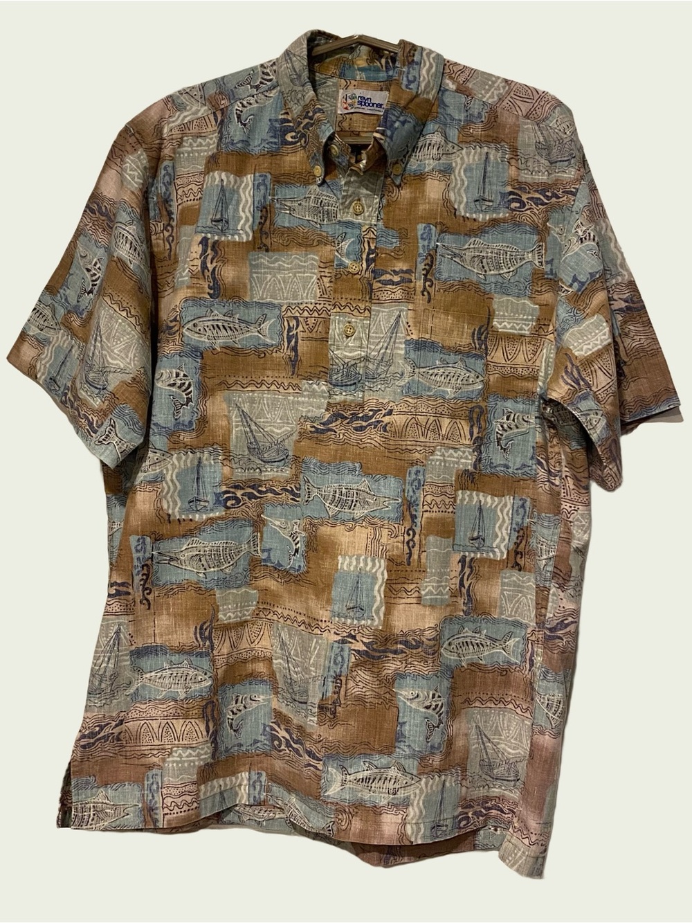 reyn spooner SS Button-Down Shirt - Blue & Brown Fish & Boats Nautical